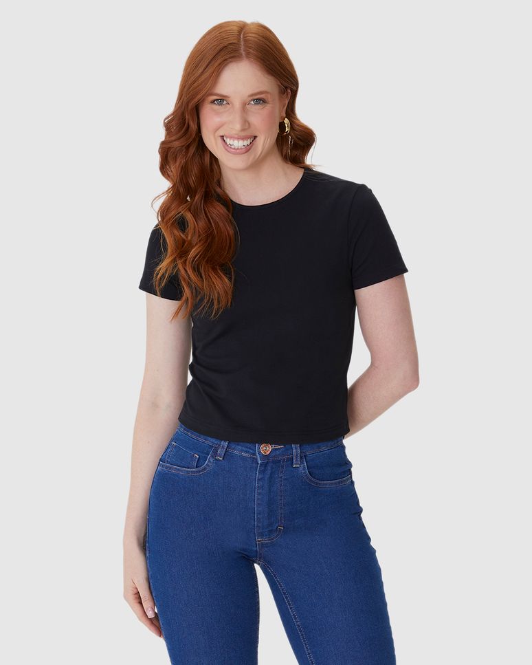 Blusa Básica Feminina Cropped Etiqueta Estampada Em Algodão