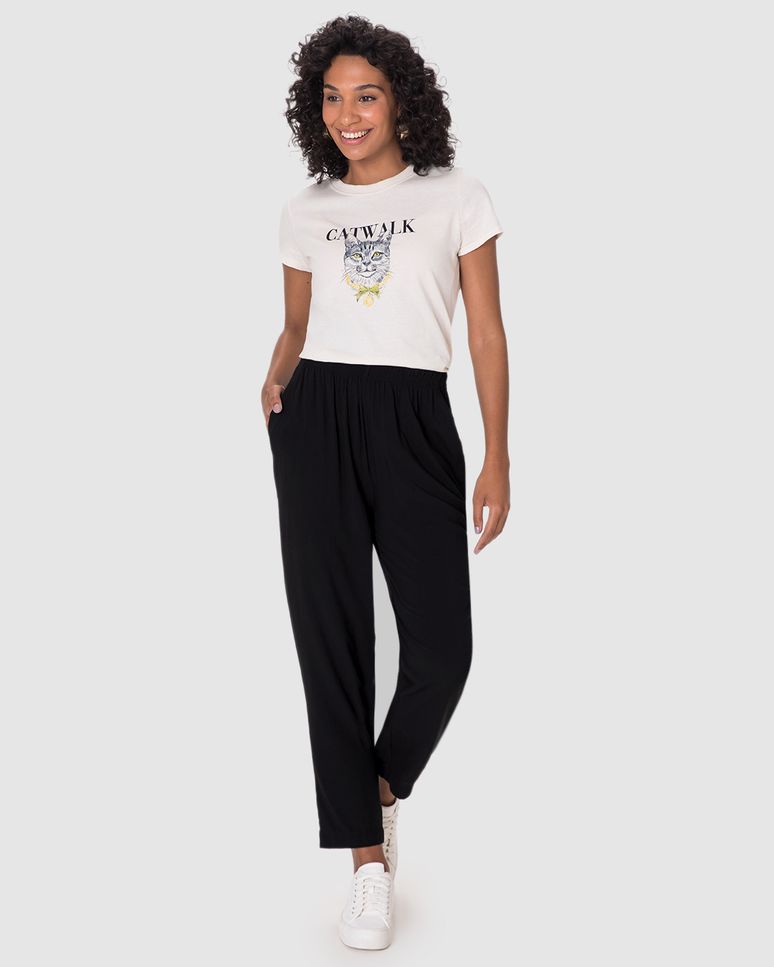 Calça Reta Feminina Cós Elástico Bolso Faca Em Viscose