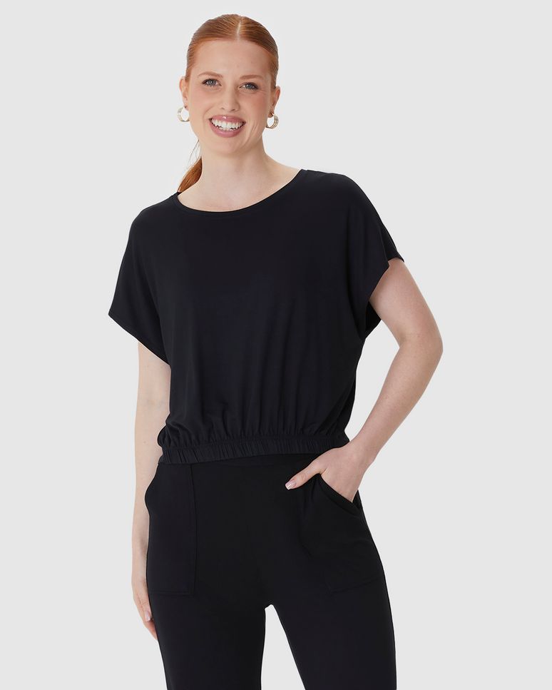 Blusa Cropped Feminina Barra Elástico Em Viscose Stretch
