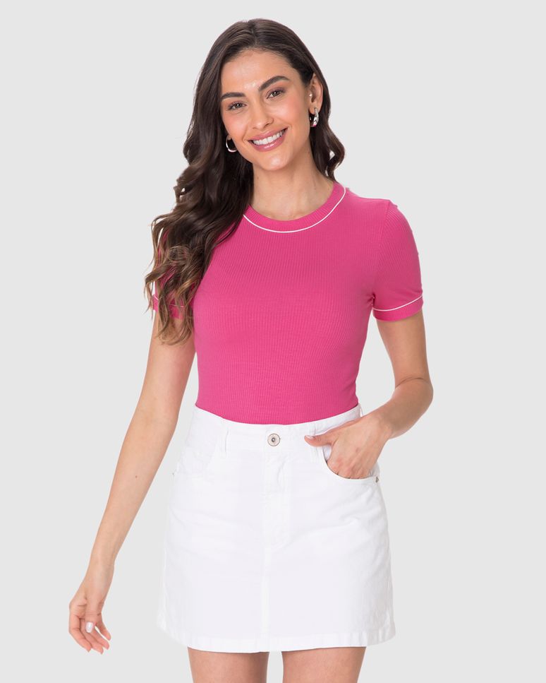 Blusa Básica Feminina Costura Contraste Em Malha Viscose Canelada