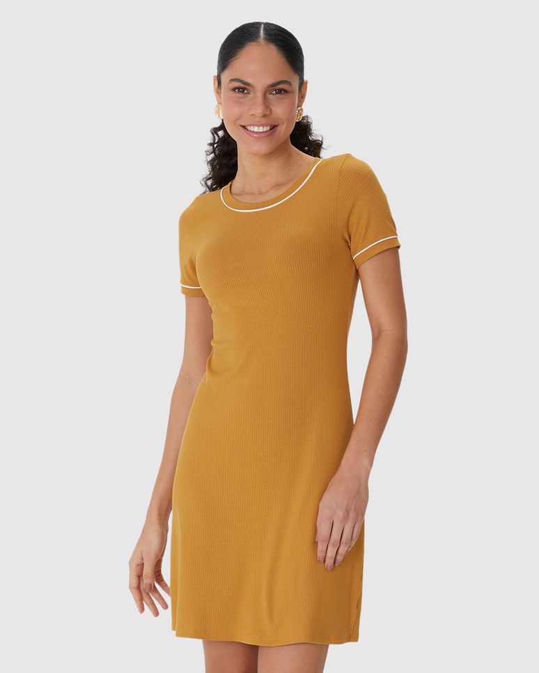 Vestido Básico Feminino Costura Contraste Em Malha Viscose Canelada