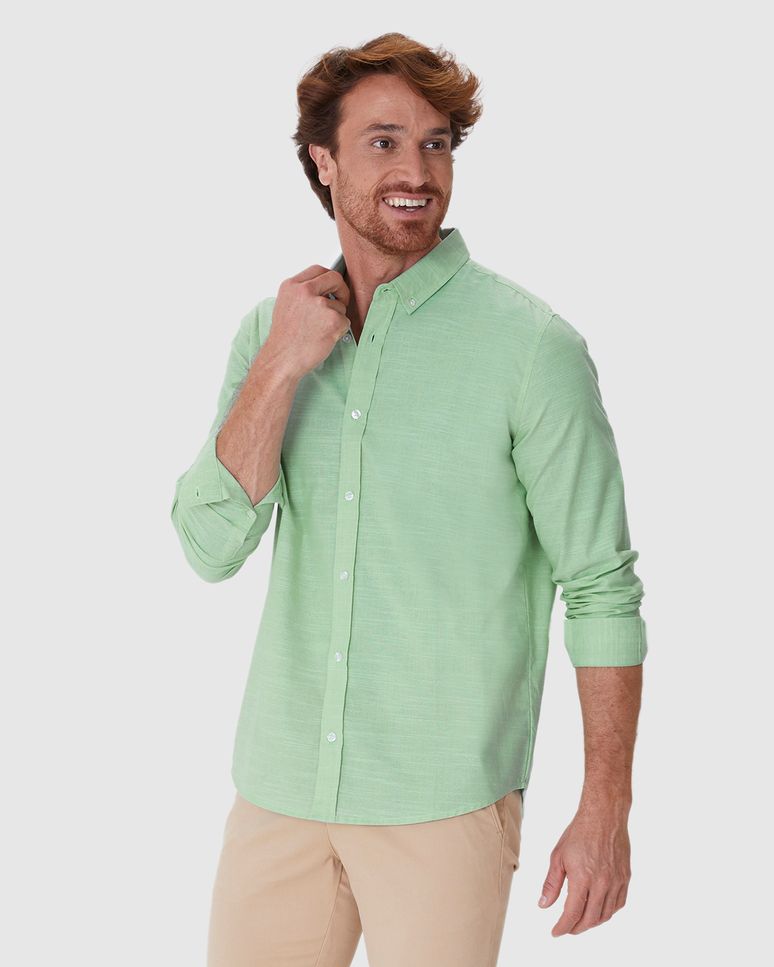 Camisa Masculina Regular Abotoamento Frontal Em Algodão Texturizado