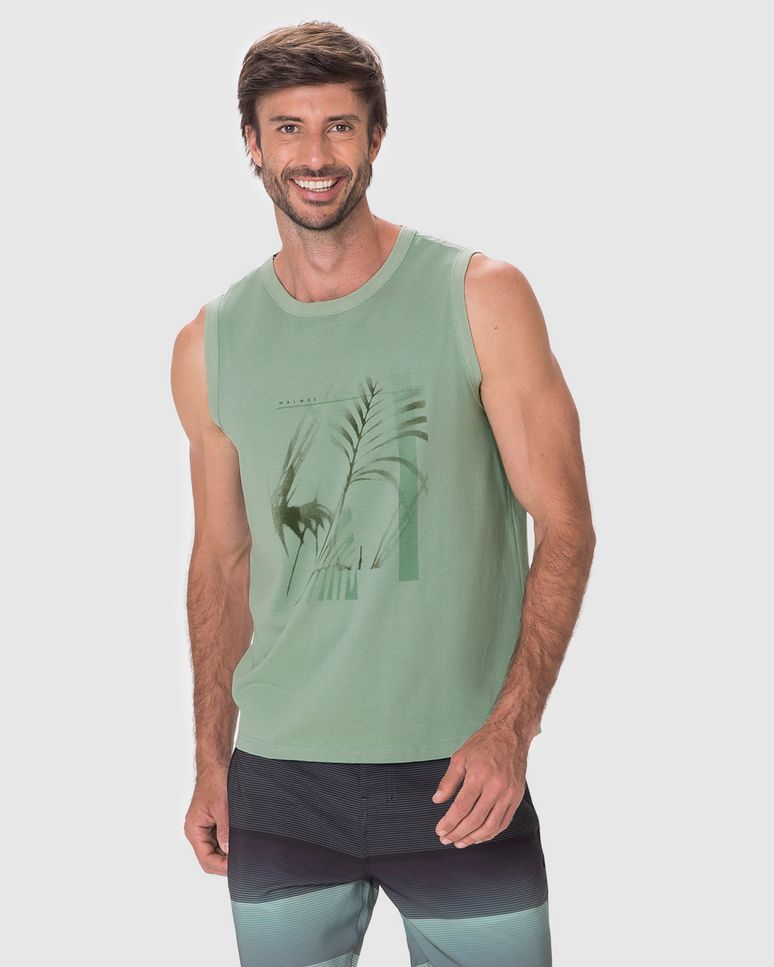 Regata Masculina Decote Redondo Alça Larga Estampa Frontal Em Algodão