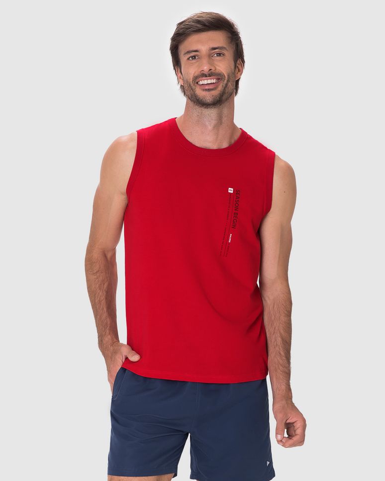 Regata Masculina Decote Redondo Alça Larga Estampa Frontal Em Algodão