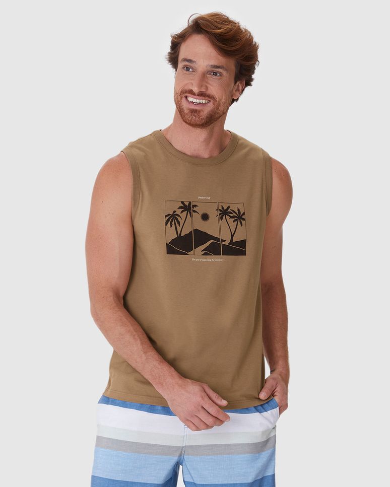 Regata Masculina Decote Redondo Alça Larga Estampa Frontal Em Algodão