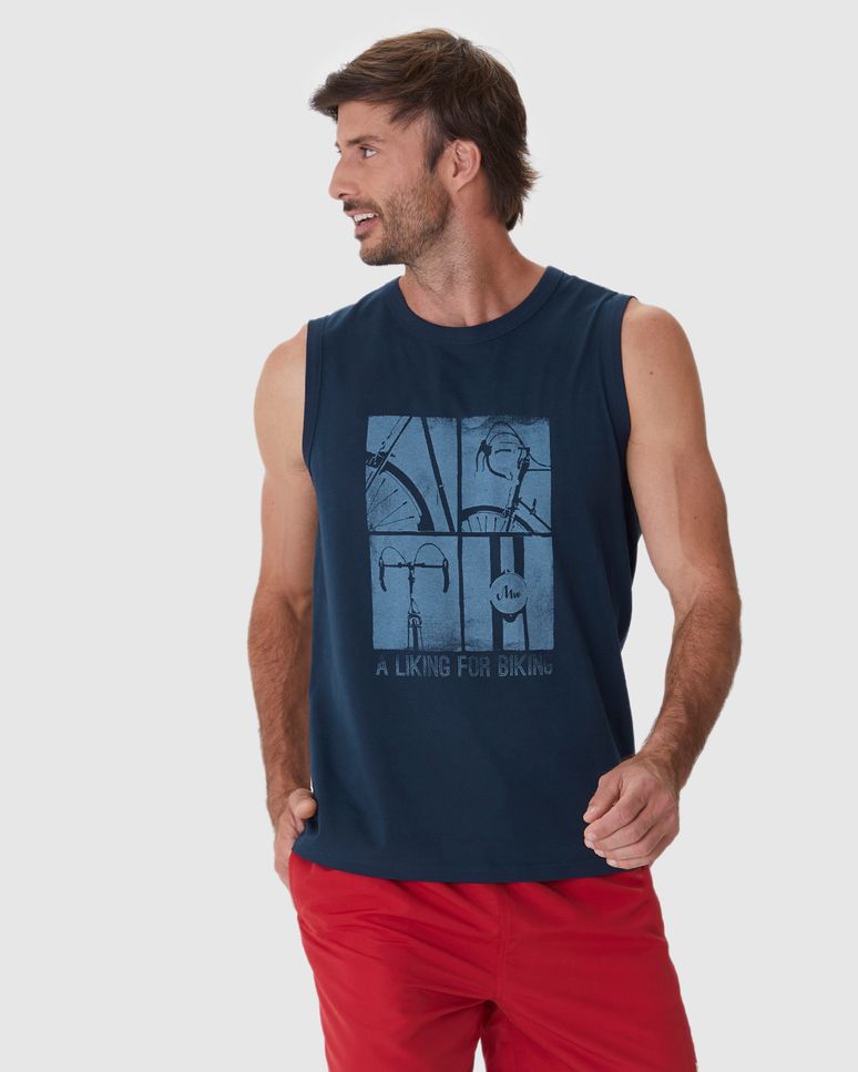 Regata Masculina Decote Redondo Alça Larga Estampa Frontal Em Algodão