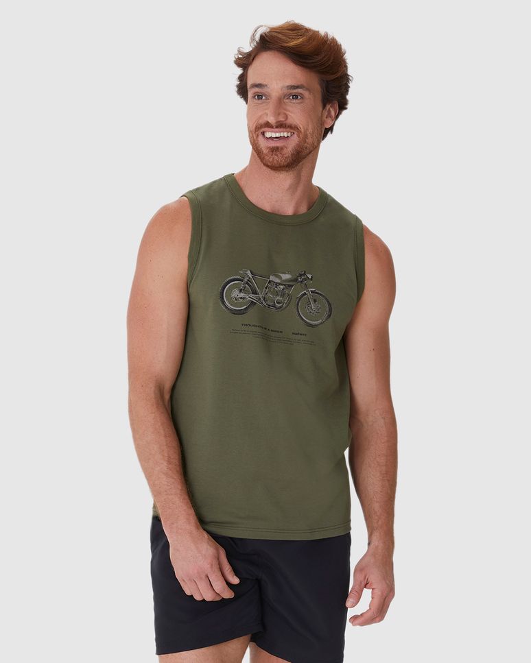 Regata Masculina Decote Redondo Alça Larga Estampa Frontal Em Algodão