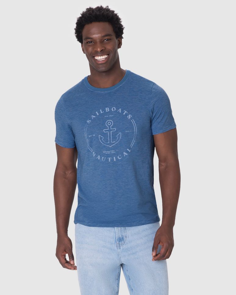 Camiseta Masculina Slim Sailboats Nautical Em Malha Fio A Fio