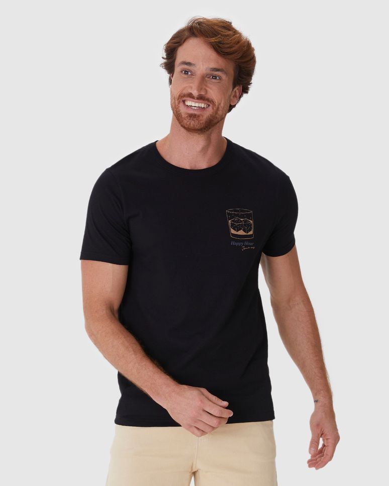Camiseta Masculina Slim Estampa Peitoral Happy Hour Em Algodão