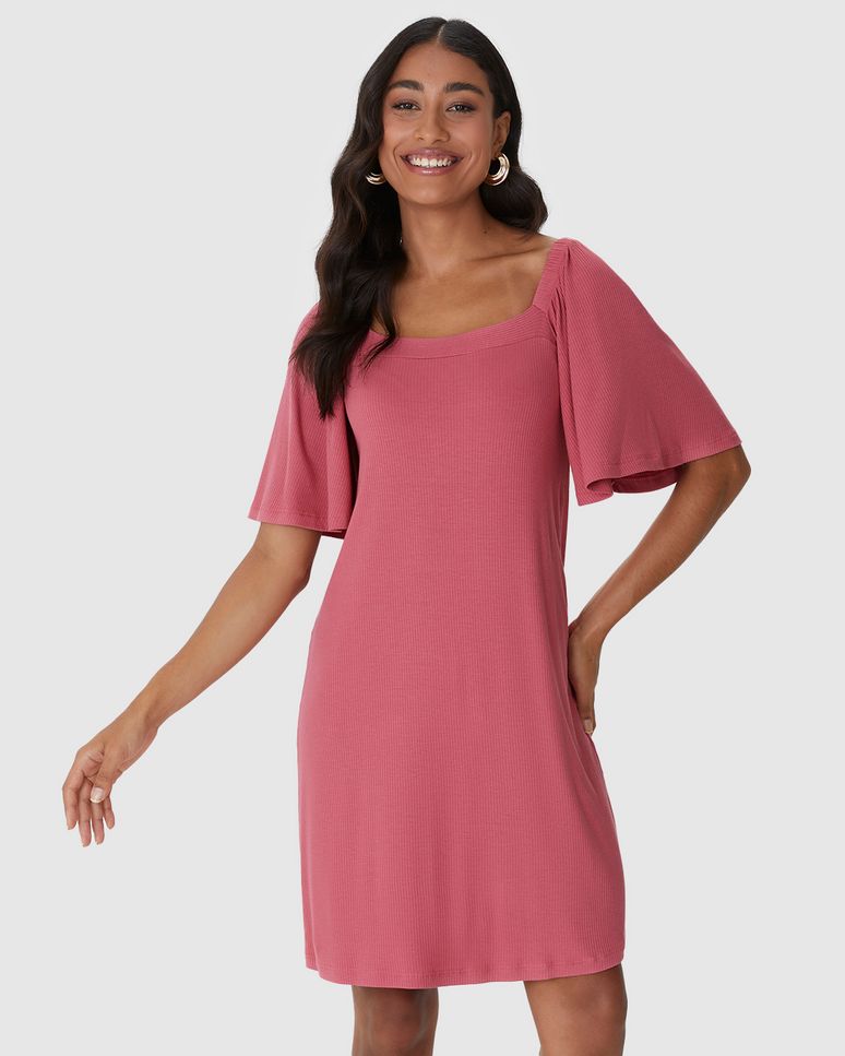 Vestido Feminino Decote Quadrado Manga Franzida Em Malha Viscose Canelada