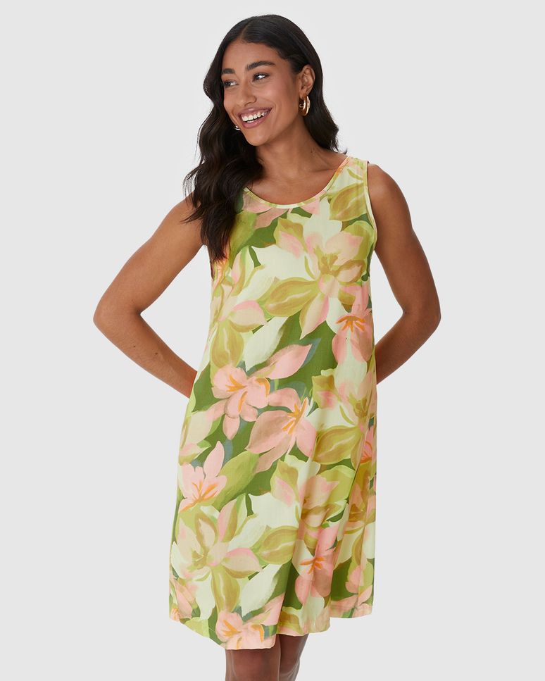 Vestido Feminino Evasê Sem Manga Estampa Digital Em Viscose