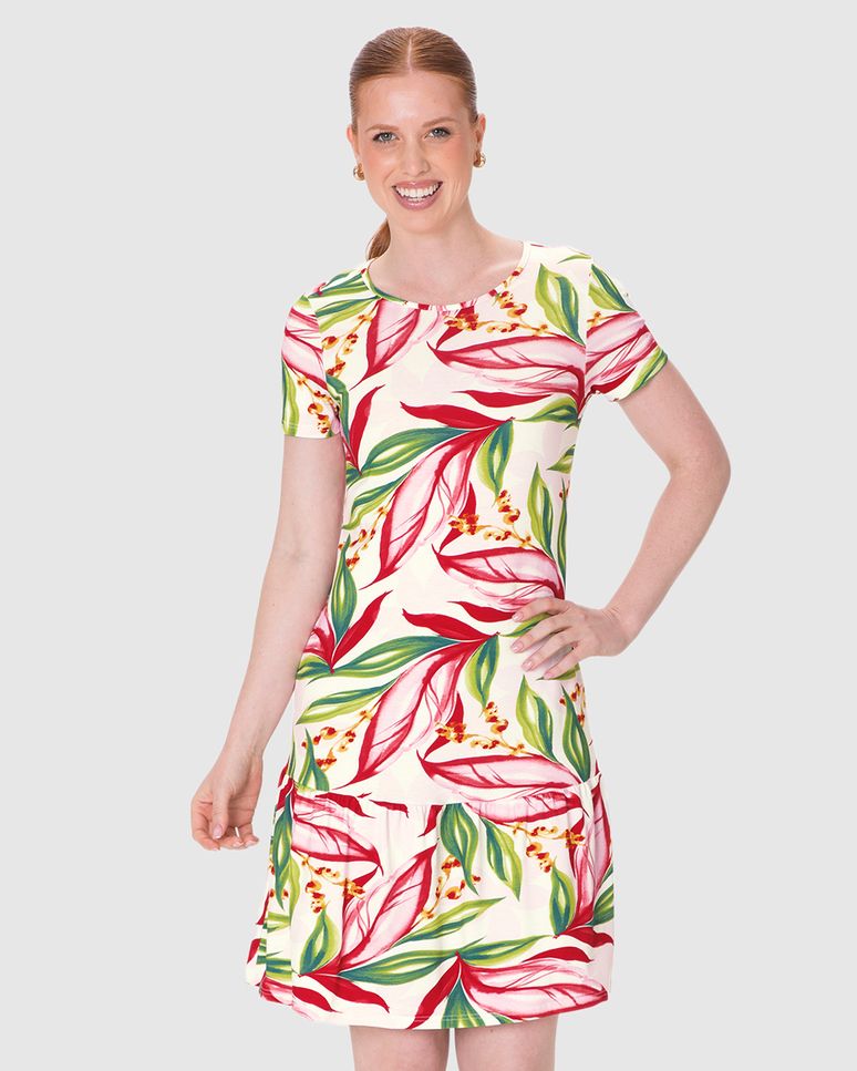 Vestido Feminino Evasê Estampado Barra Franzida Em Viscose Stretch