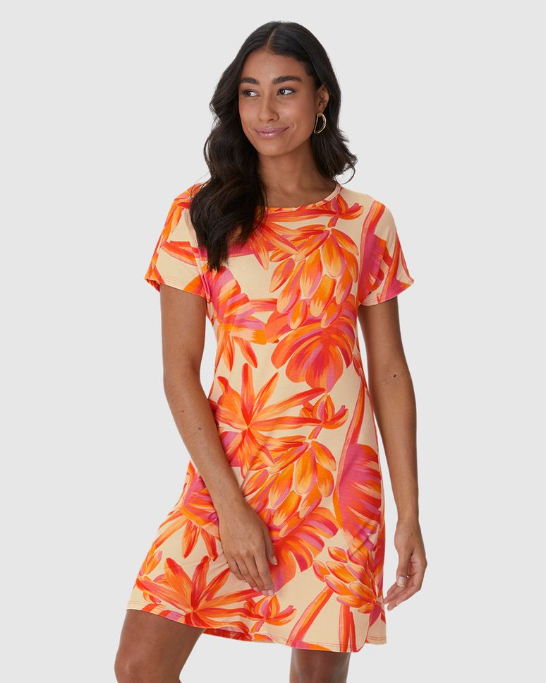 Vestido Feminino Evasê Manga Curta Estampa Digital Em Viscose Stretch