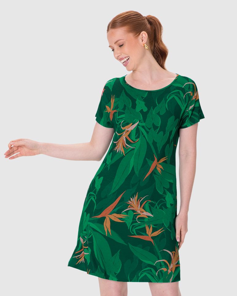 Vestido Feminino Evasê Manga Curta Estampa Digital Em Viscose Stretch
