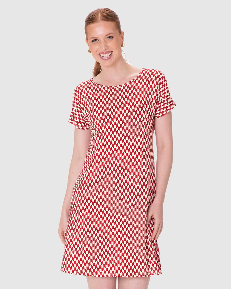 Vestido Feminino Evasê Manga Curta Estampa Digital Em Viscose Stretch