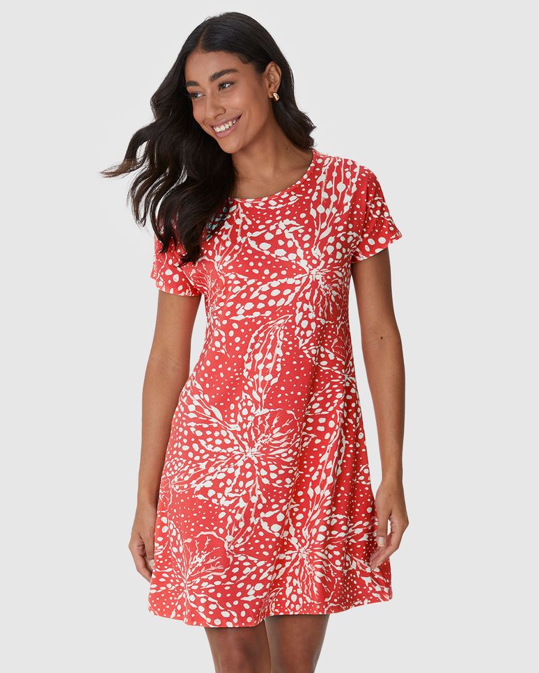 Vestido Feminino Evasê Manga Curta Estampa Digital Em Viscose Stretch