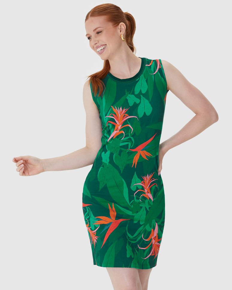 Vestido Feminino Estampado Gola Retilínea Em Viscose Stretch