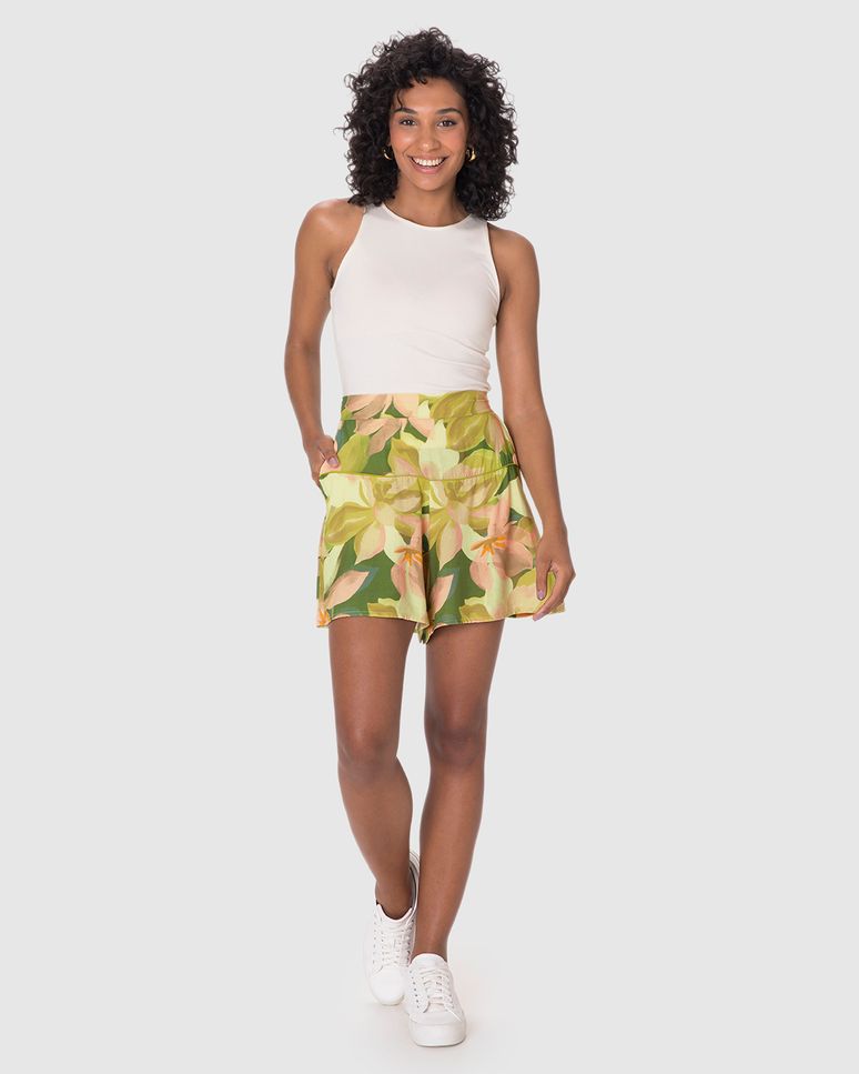 Shorts Feminino Evasê Pala Estampado Em Viscose