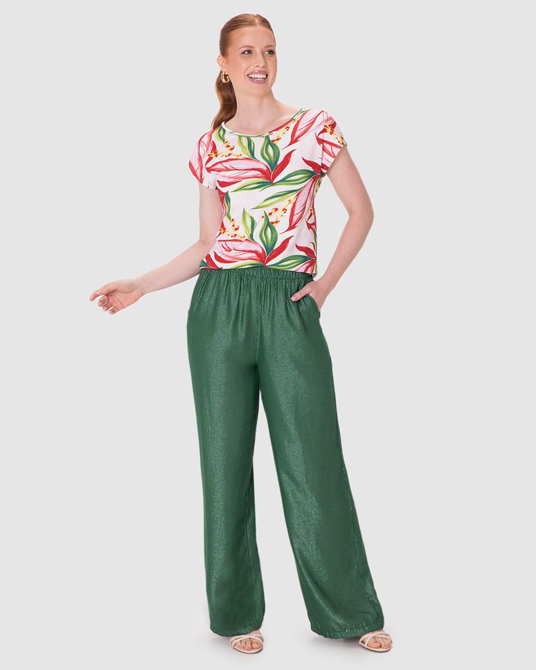 Calça Wide Leg Feminina Bolso Faca Em Viscose Lurex