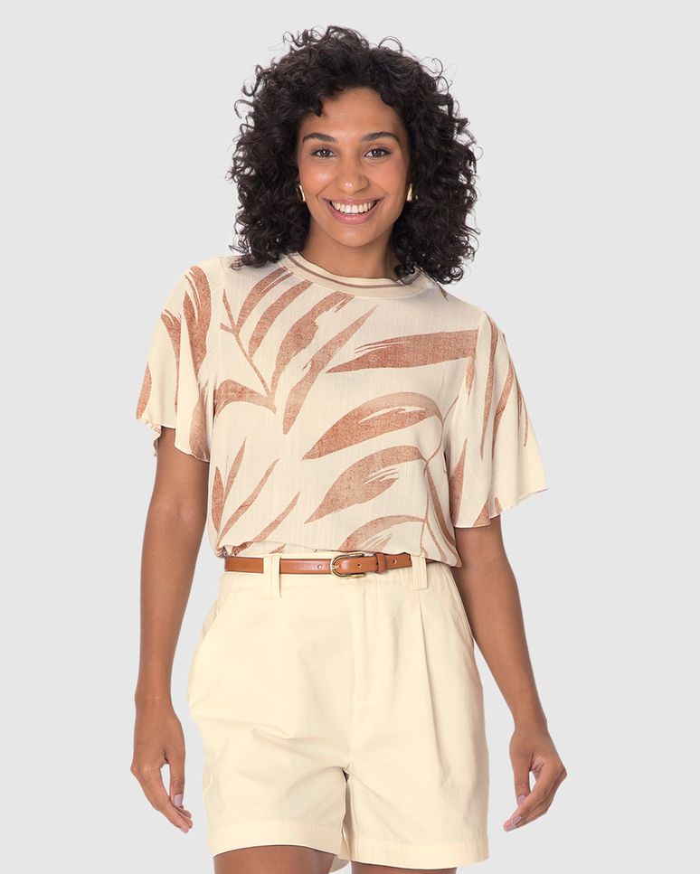 Blusa Ampla Feminina Gola Redonda Retilínea Em Viscolinho Texturizado