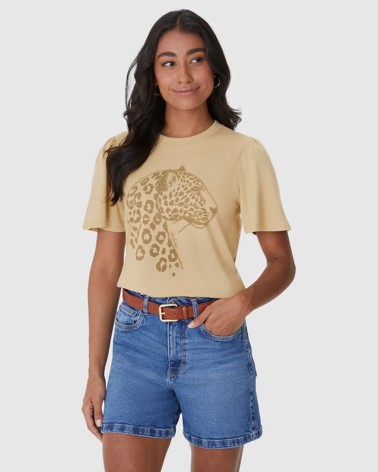 Camiseta Feminina Estampa Puff Alto-Relevo Manga Franzida Em Algodão