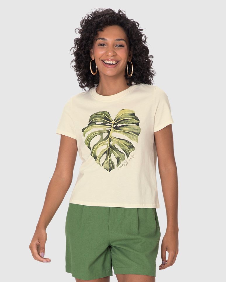 Camiseta Feminina Ilustração Frontal Especial Plantas Em Algodão