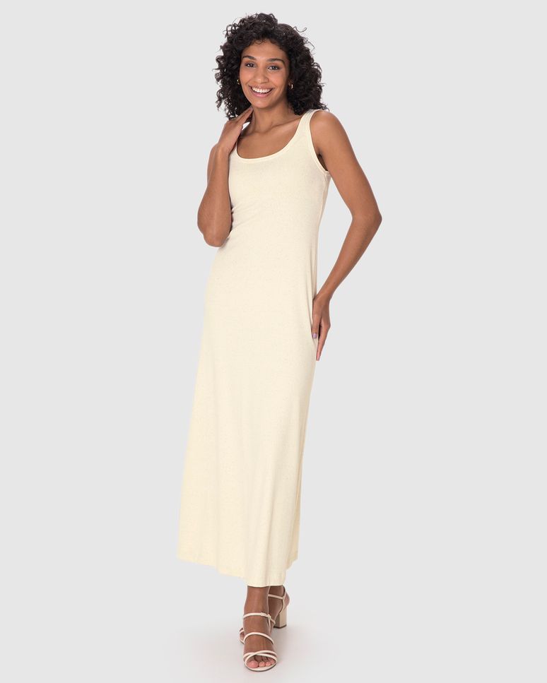 Vestido Midi Feminino Decote Quadrado Em Ribana Linho
