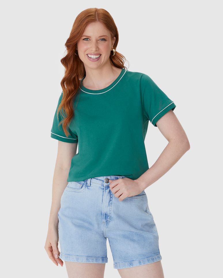 Blusa Básica Feminina Decote Redondo Costura Contraste Em Algodão