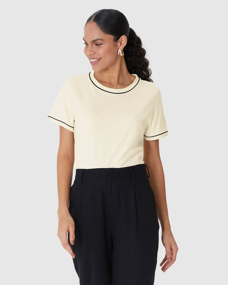 Blusa Básica Feminina Decote Redondo Costura Contraste Em Algodão