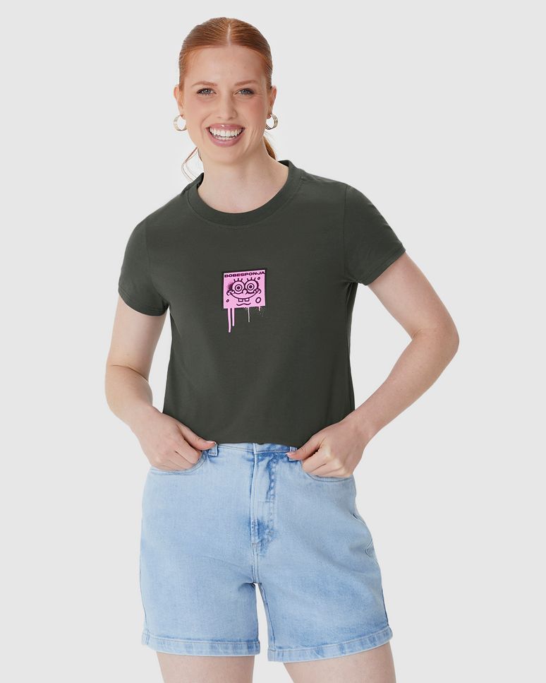 Camiseta Feminina Baby Look Estampa Bob Esponja Em Algodão