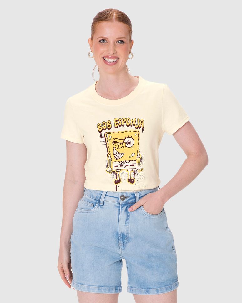 Camiseta Feminina Baby Look Estampa Bob Esponja Em Algodão