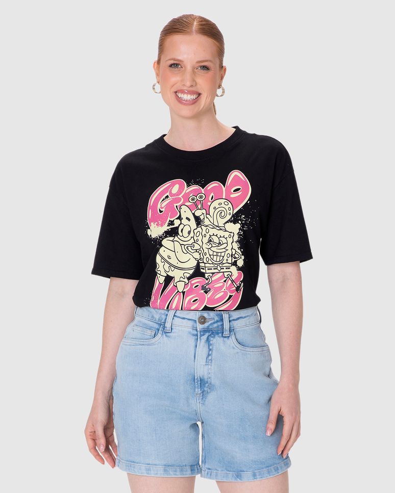 Camiseta Feminina Box Good Vibes Bob Esponja Em Algodão