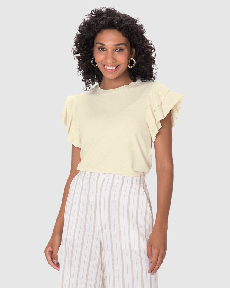 Blusa Feminina Manga Babados Em Malha Linho