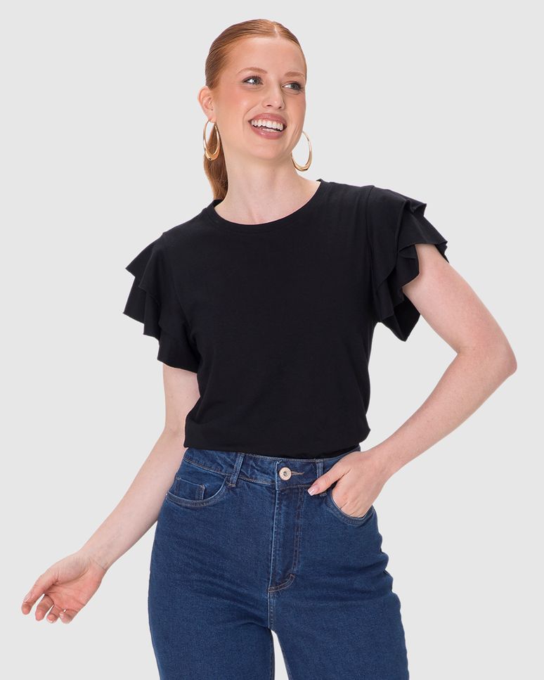 Blusa Feminina Manga Babados Em Malha Linho