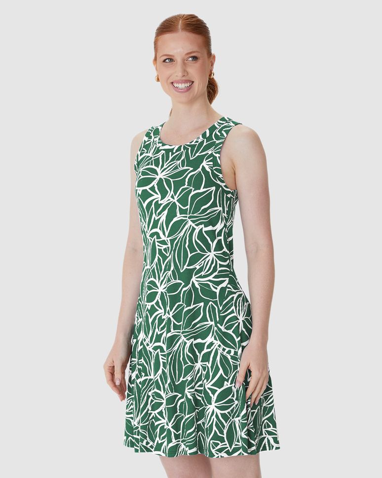 Vestido Feminino Evasê Sem Manga Estampa Folhagem Em Malha Viscose Canelada