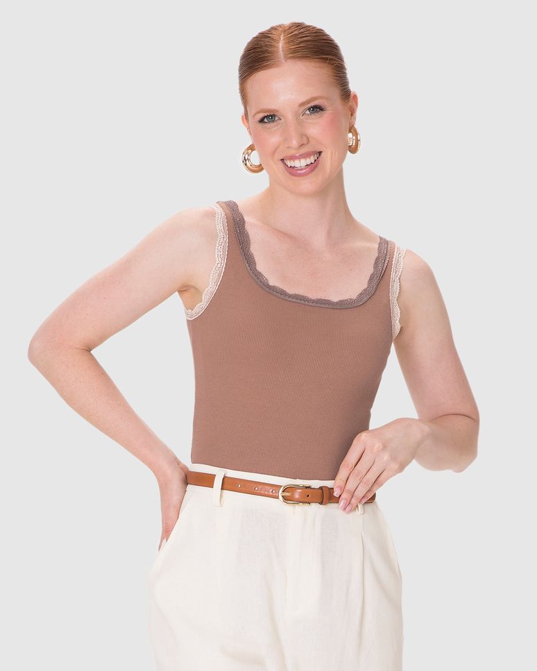 Regata Básica Feminina Detalhe Costura Renda Em Ribana