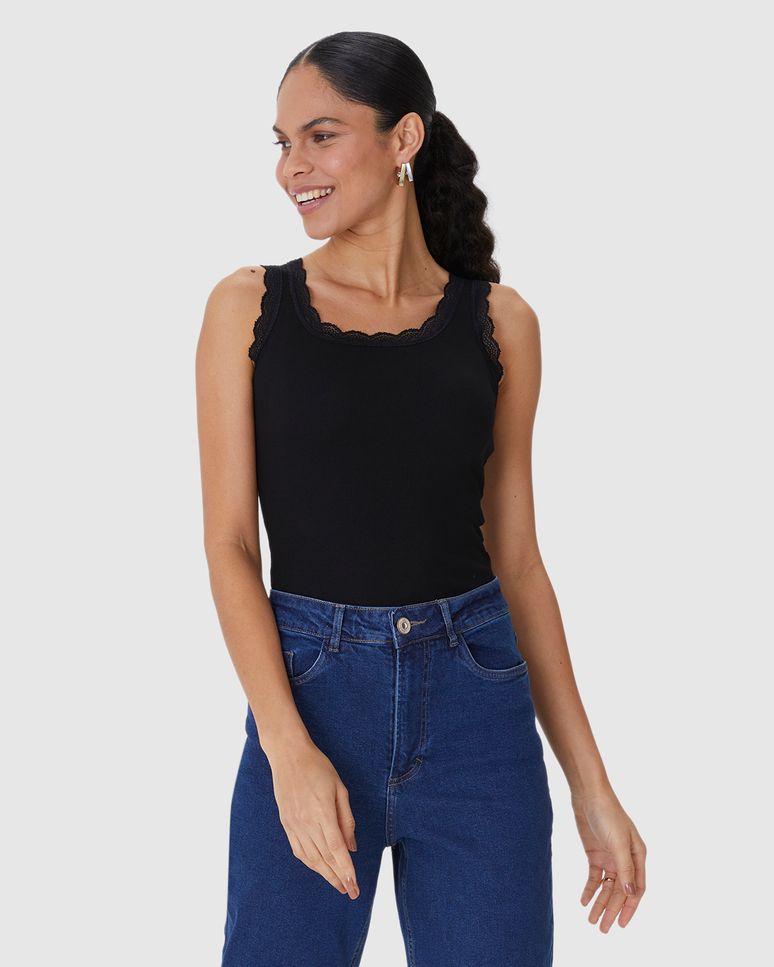 Regata Básica Feminina Detalhe Costura Renda Em Ribana