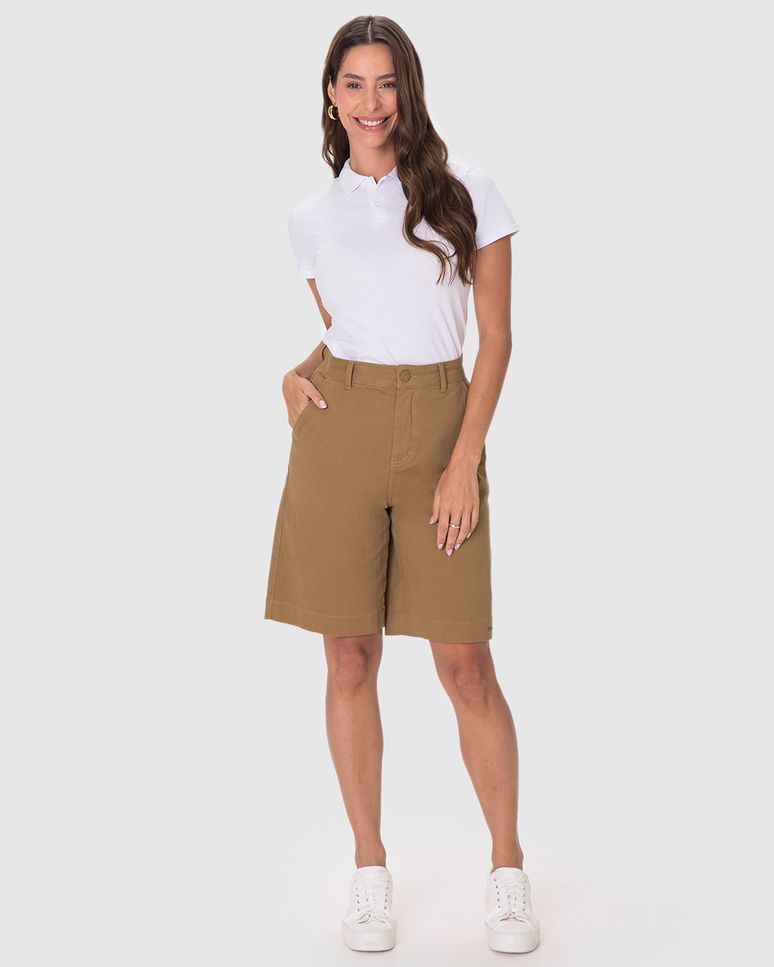 Bermuda Feminina Jorts Cintura Alta Bolso Funcional Em Sarja Com Elastano