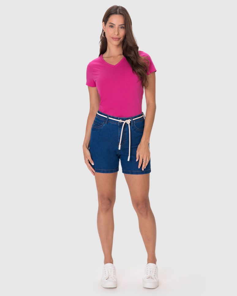 Shorts Feminino Comfort Bolso Funcional Etiqueta Decorativa Em Jeans Stretch