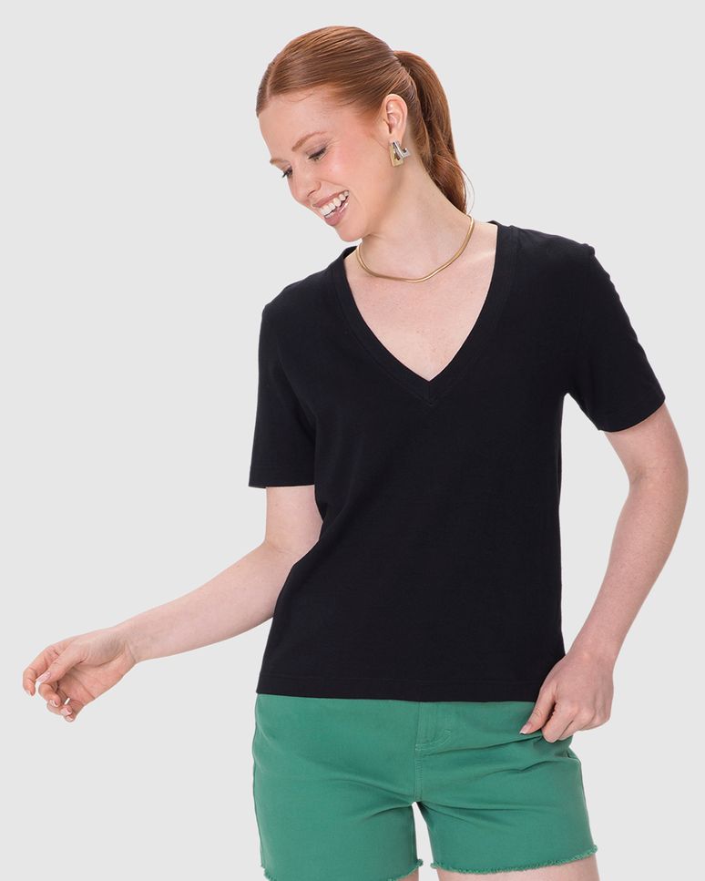Blusa Básica Feminina Decote V Manga Curta Em Malha Linho