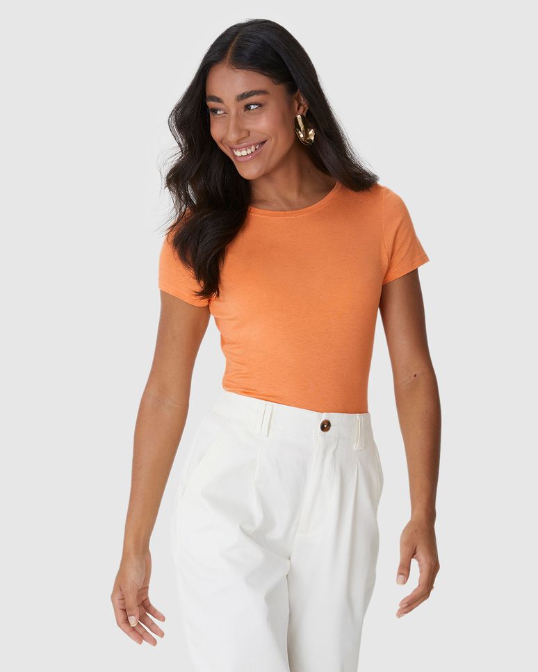 Blusa Básica Feminina Manga Curta Em Malha Viscolinho Stretch