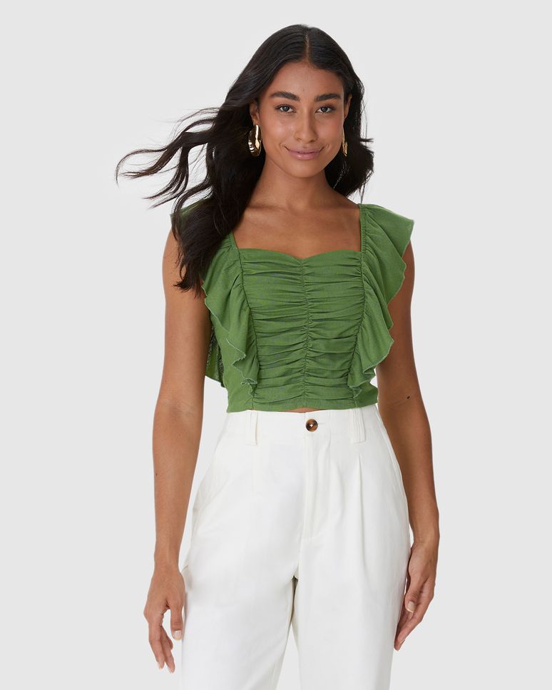 Regata Cropped Feminina Com Babados Em Viscolinho