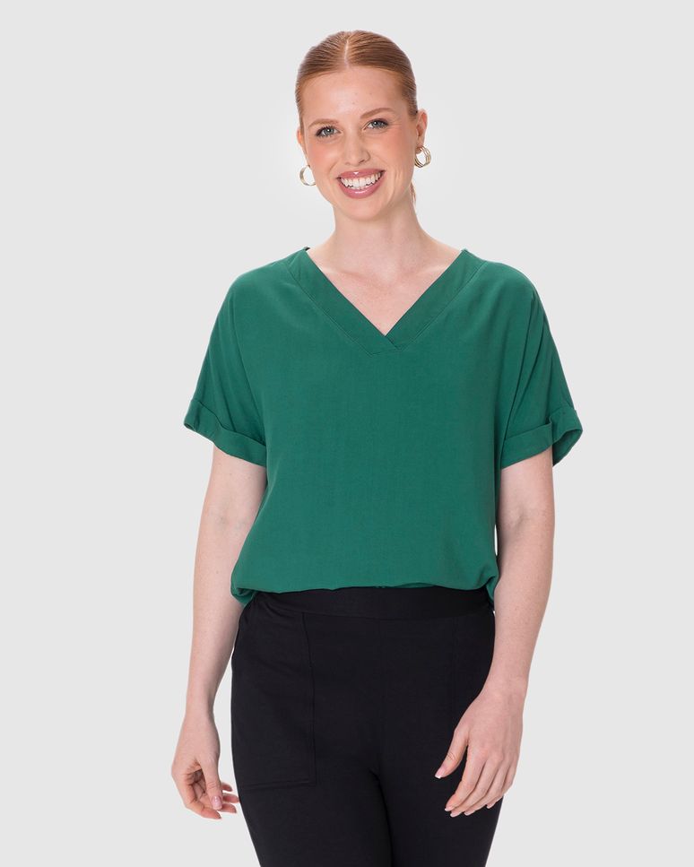 Blusa Feminina Decote V Manga Curta Dobrada Em Viscose