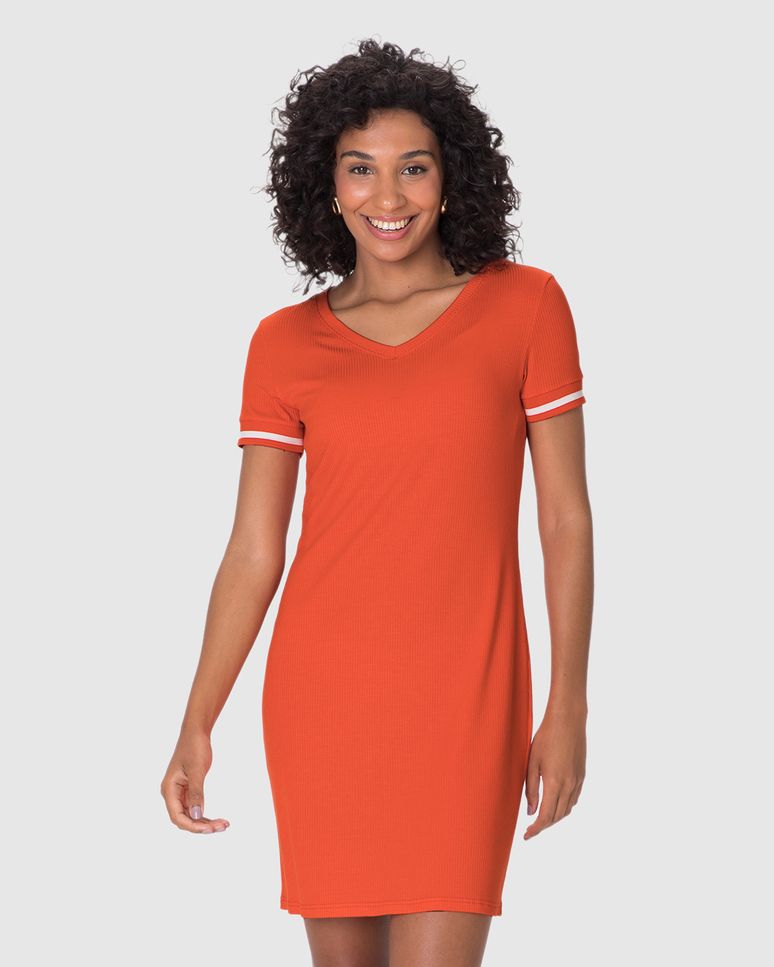 Vestido Básico Feminino Manga Retilínea Em Malha Viscose Canelada