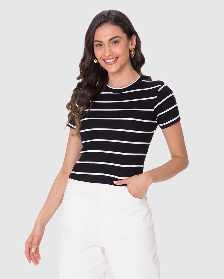 Blusa Básica Feminina Decote Redondo Em Ribana