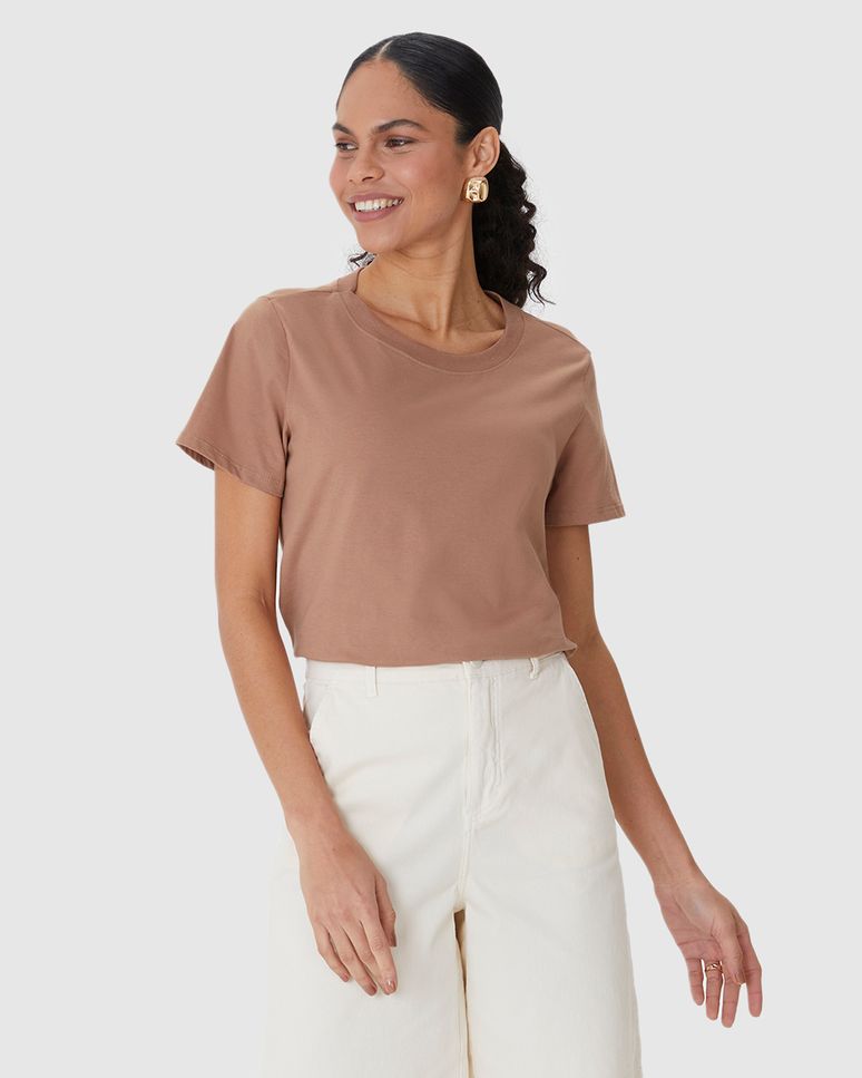 Blusa Básica Feminina Decote Redondo Com Pesponto Em Algodão