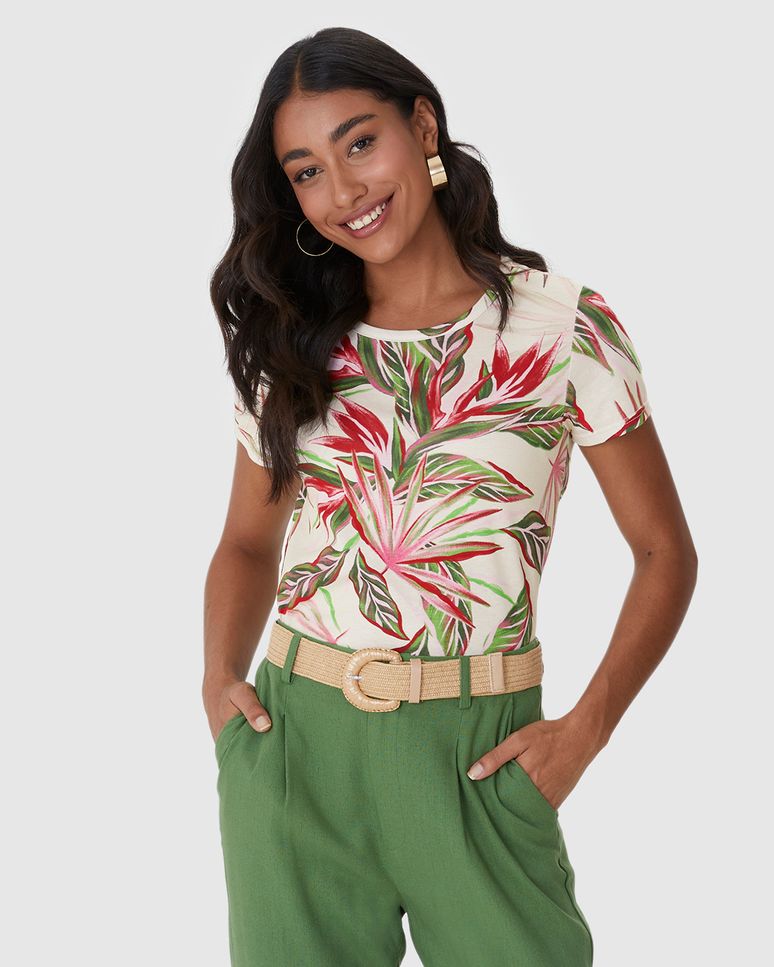 Blusa Feminina Decote Redondo Estampada Em Algodão