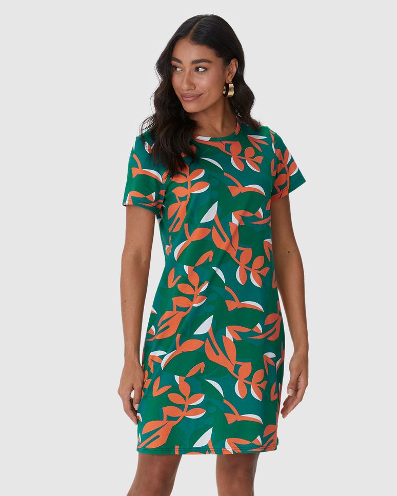 Vestido Feminino Estampado Com Decote Redondo Em Algodão