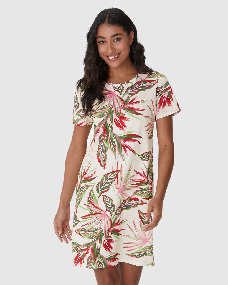 Vestido Feminino Estampado Com Decote Redondo Em Algodão