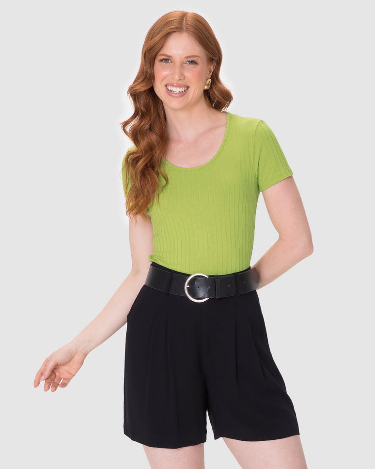 Blusa Básica Feminina Manga Curta Em Canelado De Viscose